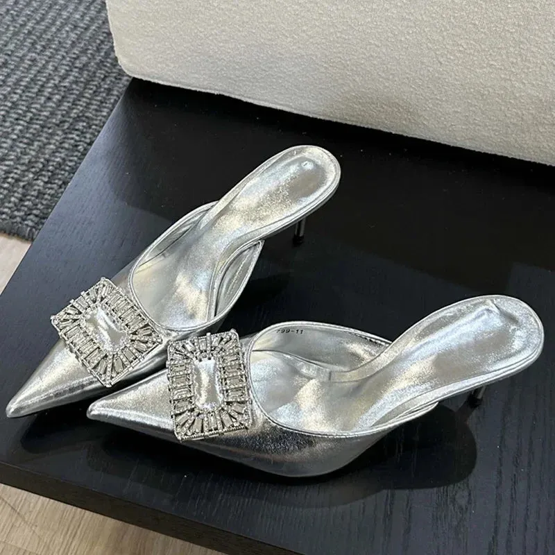 binfenxie  -  Fashion Spring Crystal Buckle Thin Heels Pointed Toe Women Slippers Mule Shoes Party Zapatos De Mujeres