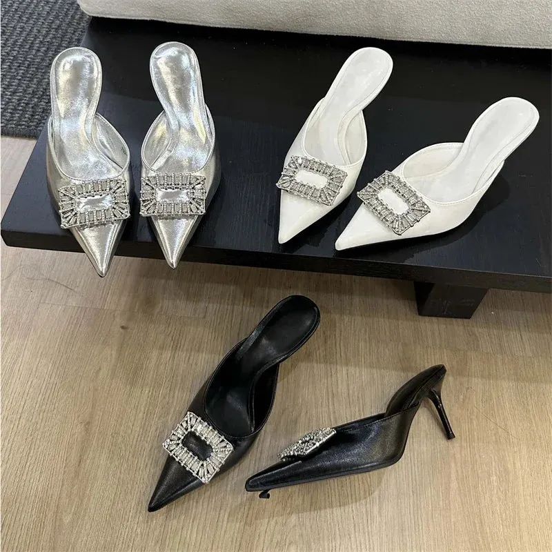 binfenxie  -  Fashion Spring Crystal Buckle Thin Heels Pointed Toe Women Slippers Mule Shoes Party Zapatos De Mujeres