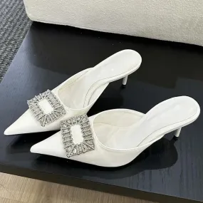 binfenxie  -  Fashion Spring Crystal Buckle Thin Heels Pointed Toe Women Slippers Mule Shoes Party Zapatos De Mujeres