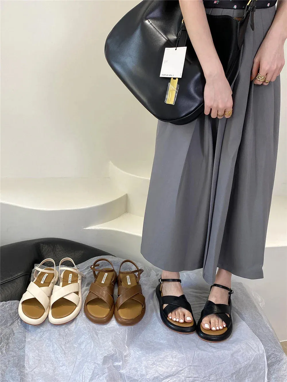 binfenxie  -  Fashion Women Sandals Cross Strap Summer Dress Shoes Flat Low Heels Ankle Strap Party Sandals Cross Tied Belt Buckle Size 35-40