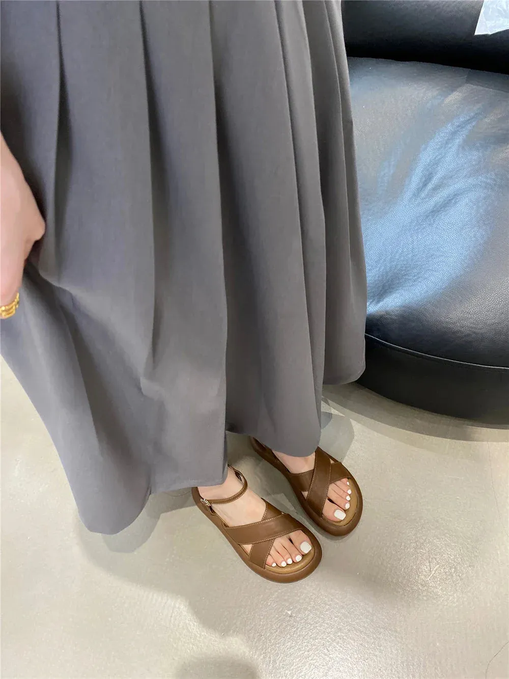 binfenxie  -  Fashion Women Sandals Cross Strap Summer Dress Shoes Flat Low Heels Ankle Strap Party Sandals Cross Tied Belt Buckle Size 35-40