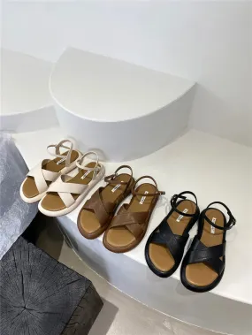 binfenxie  -  Fashion Women Sandals Cross Strap Summer Dress Shoes Flat Low Heels Ankle Strap Party Sandals Cross Tied Belt Buckle Size 35-40