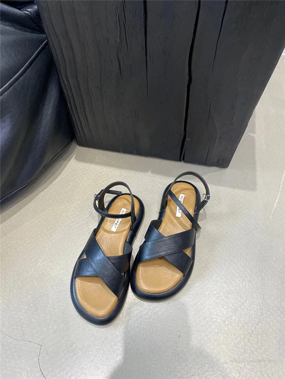 binfenxie  -  Fashion Women Sandals Cross Strap Summer Dress Shoes Flat Low Heels Ankle Strap Party Sandals Cross Tied Belt Buckle Size 35-40