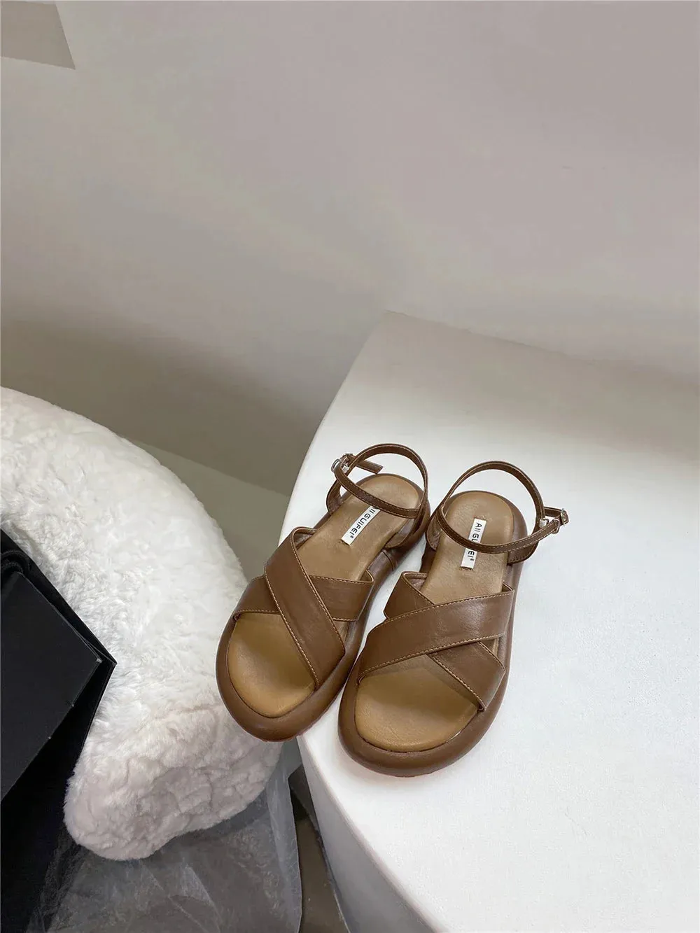 binfenxie  -  Fashion Women Sandals Cross Strap Summer Dress Shoes Flat Low Heels Ankle Strap Party Sandals Cross Tied Belt Buckle Size 35-40