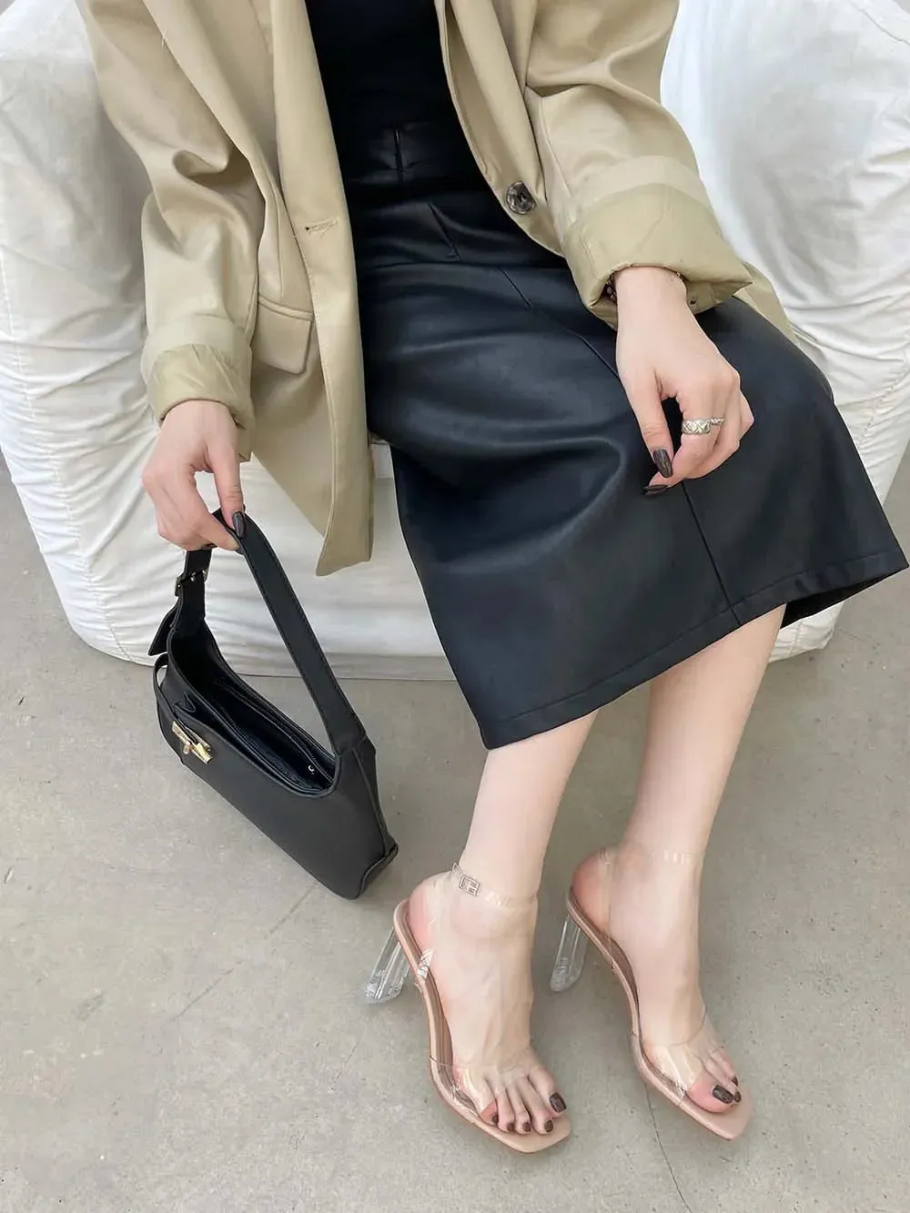 binfenxie  -  Fashion Women Sandals Open Toe Transparent Dress Shoes Thick High Heels Ankle Strap Wedding Party Pumps Dress Shoes Woman 35-41