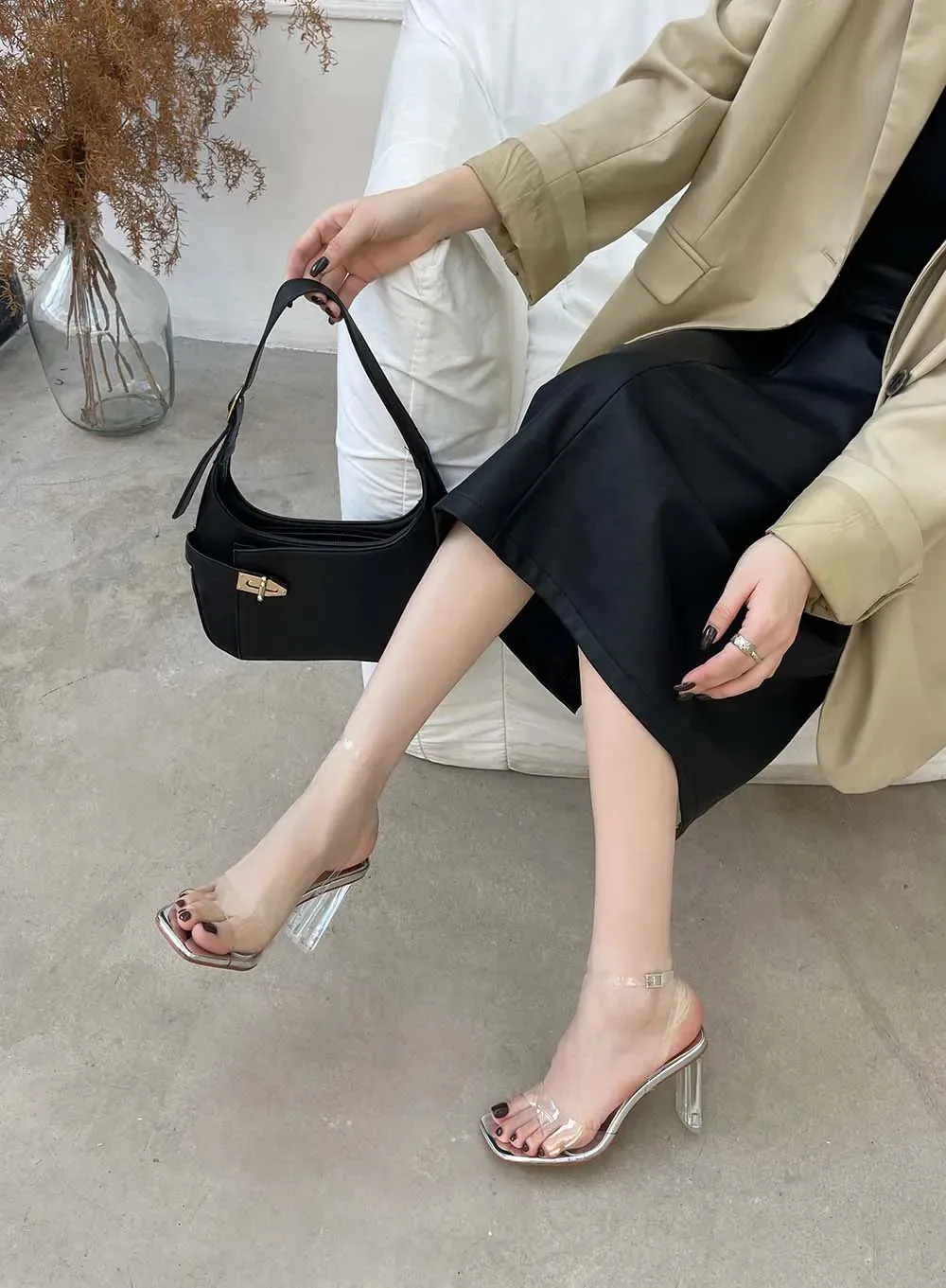 binfenxie  -  Fashion Women Sandals Open Toe Transparent Dress Shoes Thick High Heels Ankle Strap Wedding Party Pumps Dress Shoes Woman 35-41