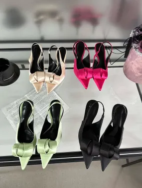 binfenxie  -  Fashion Women Sandals Pointed Toe Summer Dress Shoes Thin High Heels Back Strap Beige Rose Green Black Satin Party Sandals Mules