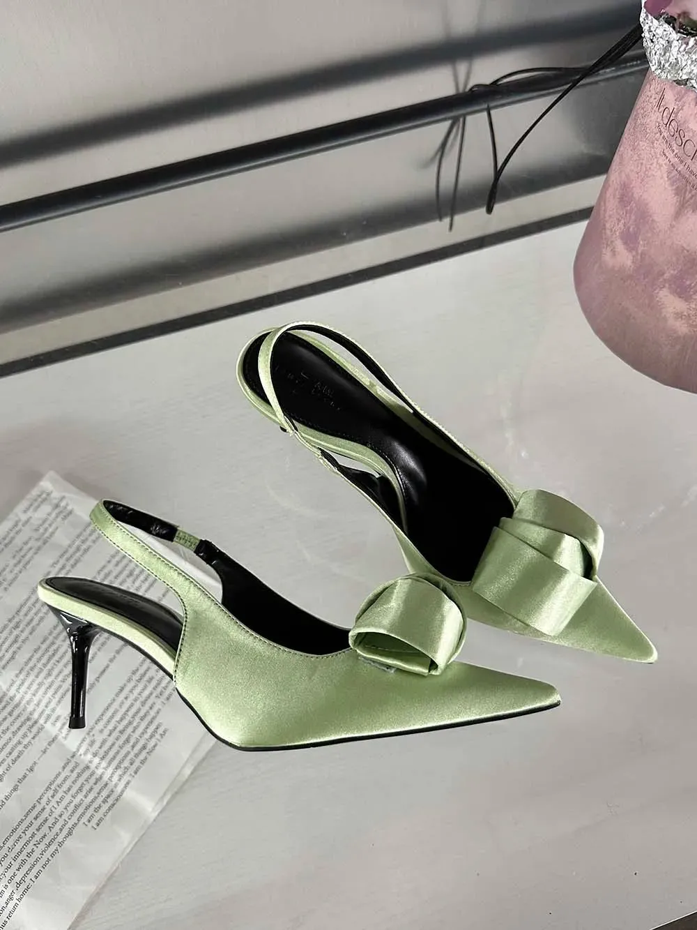 binfenxie  -  Fashion Women Sandals Pointed Toe Summer Dress Shoes Thin High Heels Back Strap Beige Rose Green Black Satin Party Sandals Mules