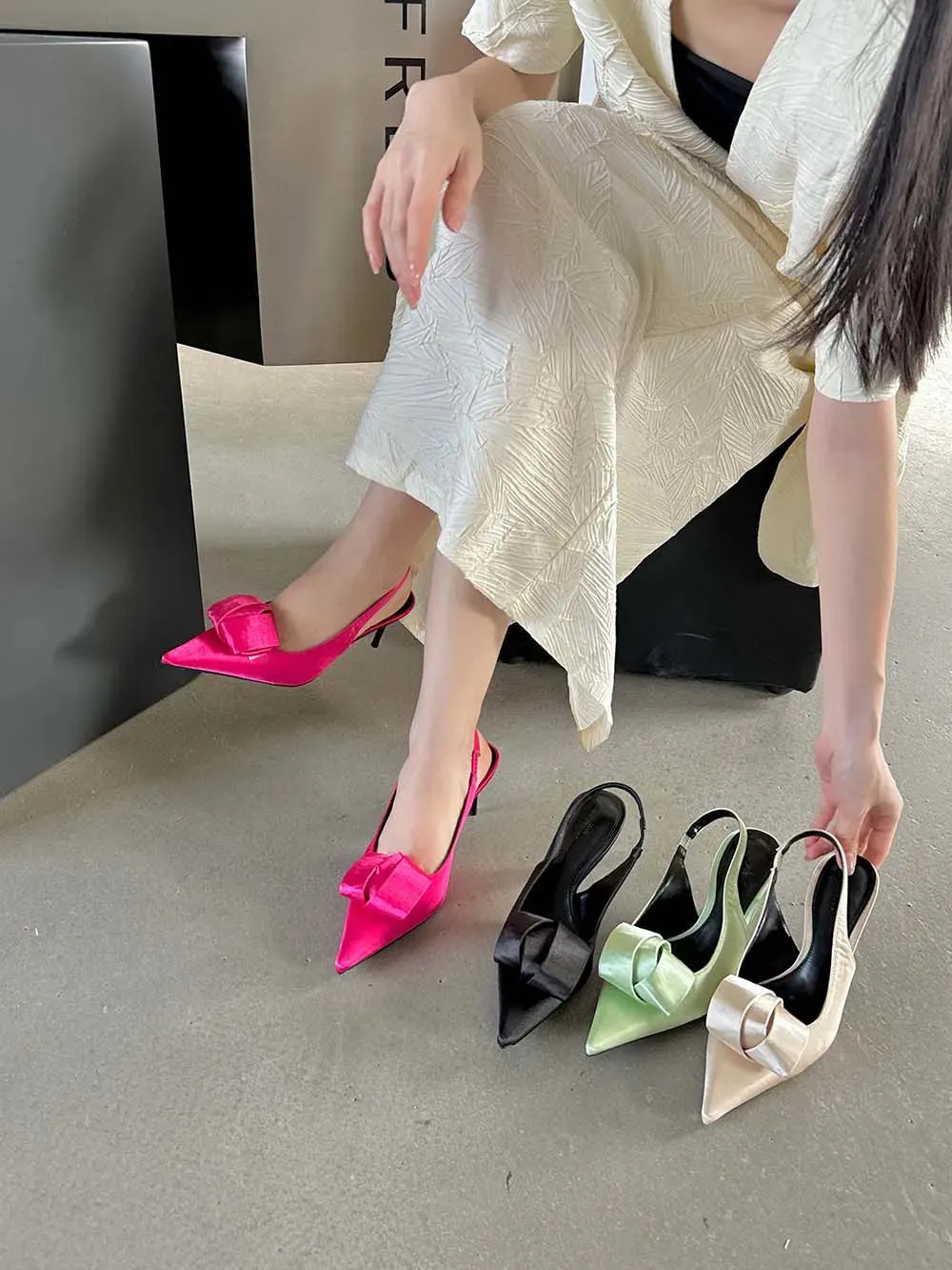 binfenxie  -  Fashion Women Sandals Pointed Toe Summer Dress Shoes Thin High Heels Back Strap Beige Rose Green Black Satin Party Sandals Mules