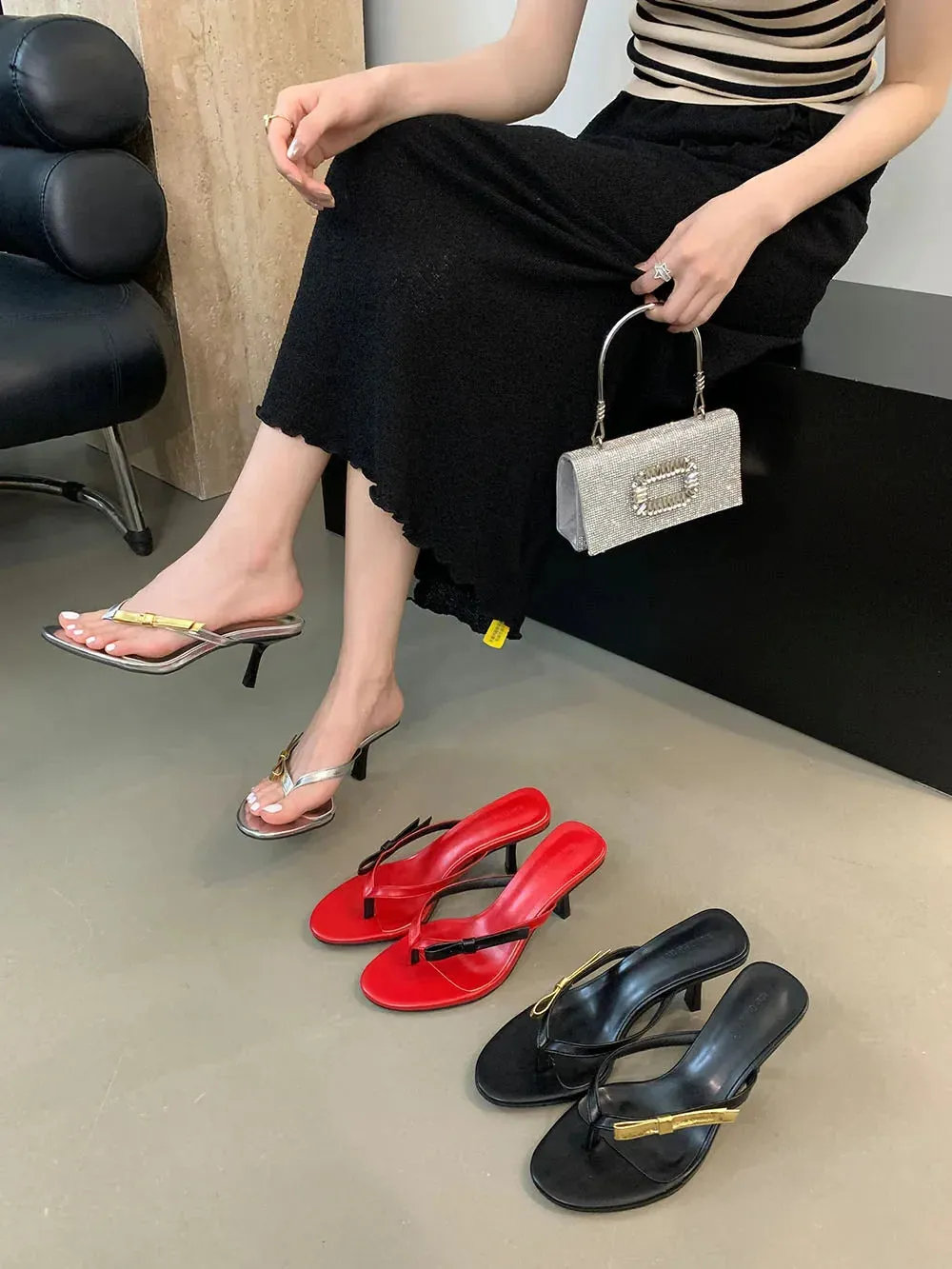 binfenxie  -  Fashion Women Sandals Slides Slippers Black Red Silver Summer Outside Mules Shoes Stieltto Thin High Heels Party Pumps Elegant