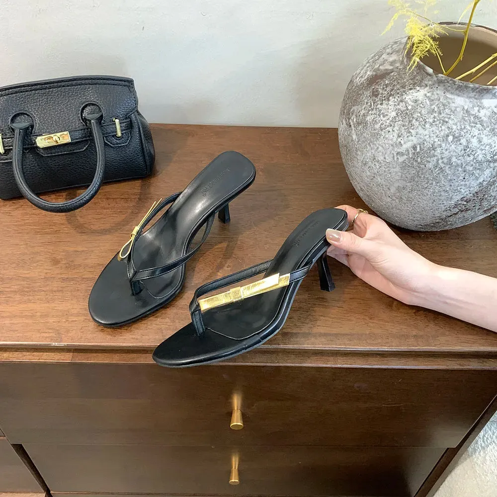 binfenxie  -  Fashion Women Sandals Slides Slippers Black Red Silver Summer Outside Mules Shoes Stieltto Thin High Heels Party Pumps Elegant