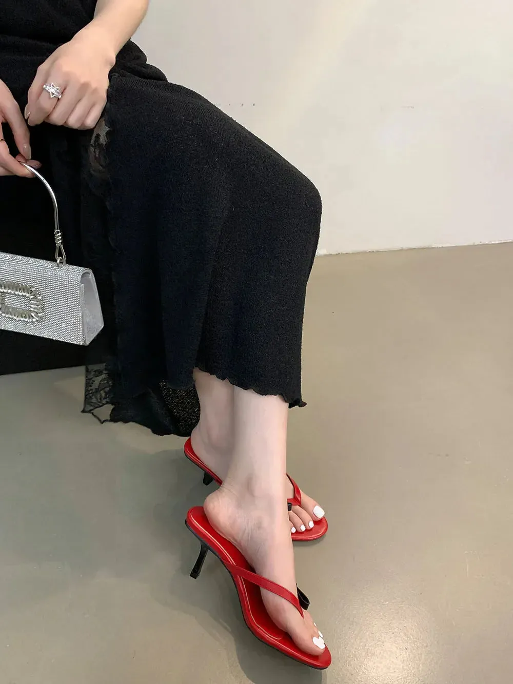 binfenxie  -  Fashion Women Sandals Slides Slippers Black Red Silver Summer Outside Mules Shoes Stieltto Thin High Heels Party Pumps Elegant