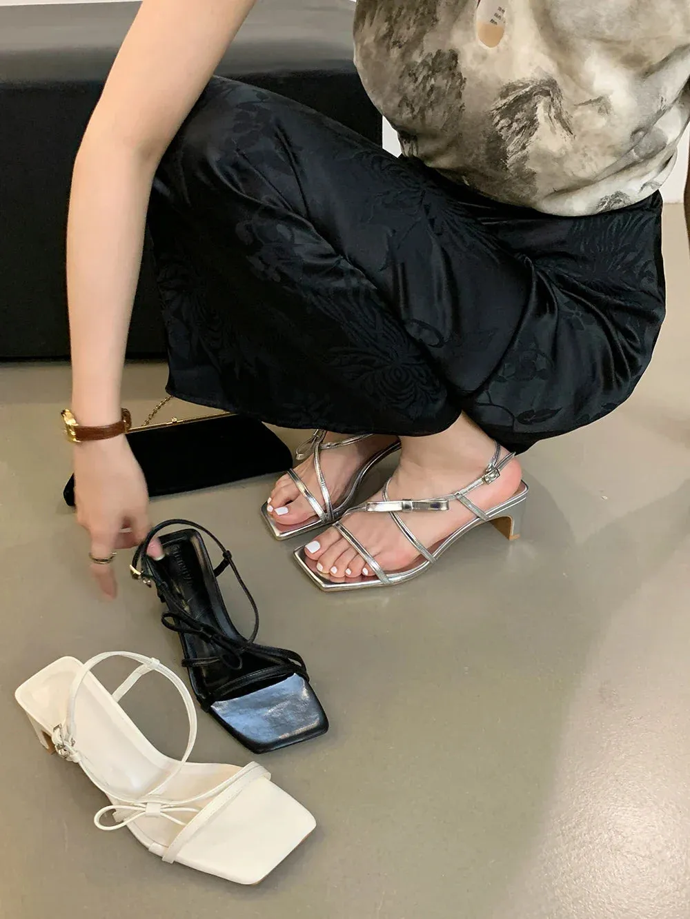 binfenxie  -  Fashion Women Sandals Summer Outside Mules Thick High Heels Silver White Black Back Strap Bow Design Sexy Party Pumps Shoes 39