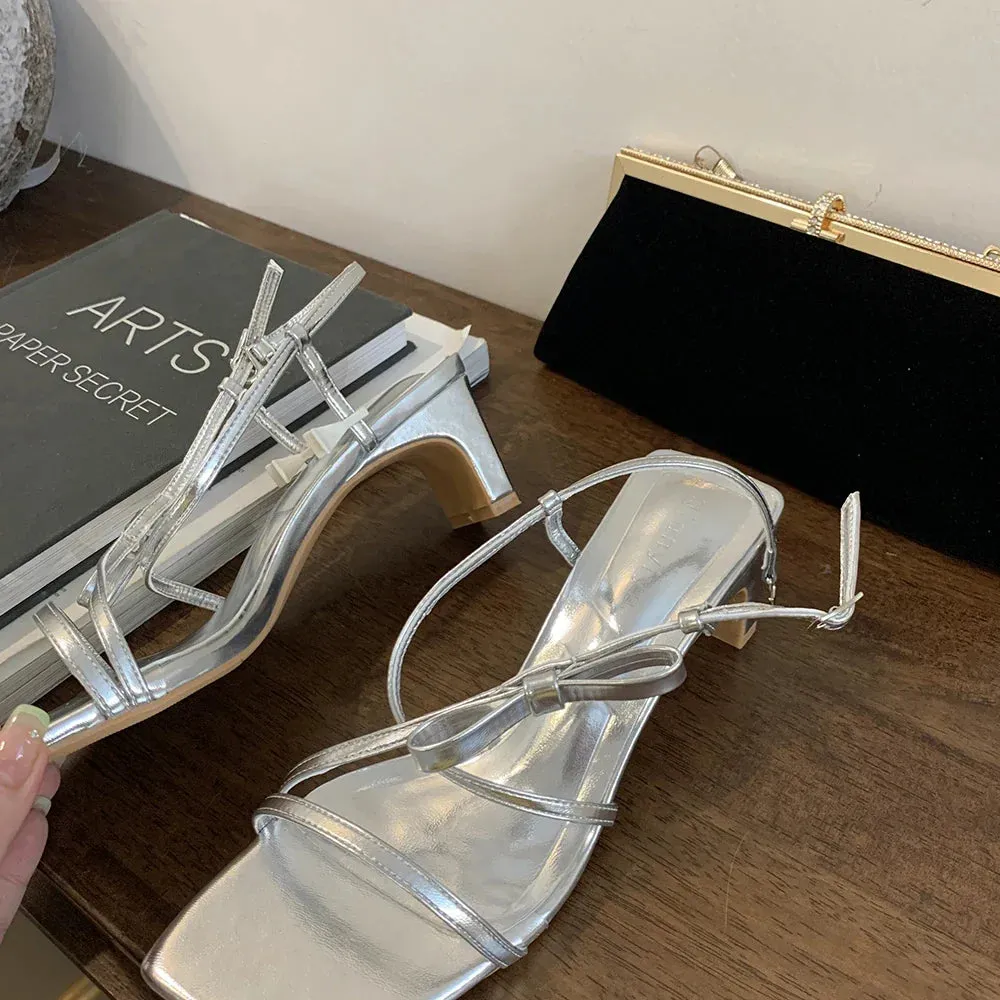 binfenxie  -  Fashion Women Sandals Summer Outside Mules Thick High Heels Silver White Black Back Strap Bow Design Sexy Party Pumps Shoes 39