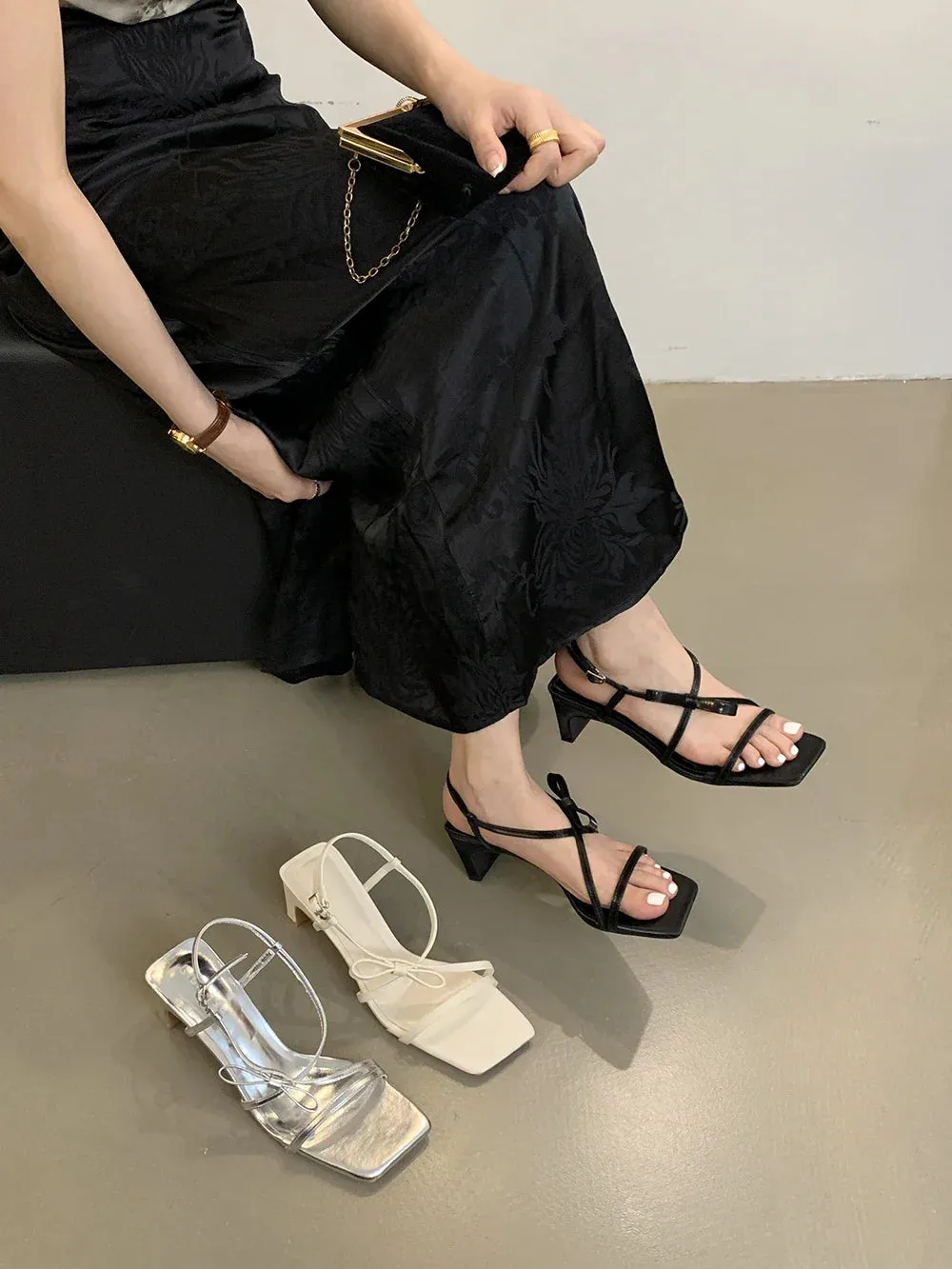 binfenxie  -  Fashion Women Sandals Summer Outside Mules Thick High Heels Silver White Black Back Strap Bow Design Sexy Party Pumps Shoes 39