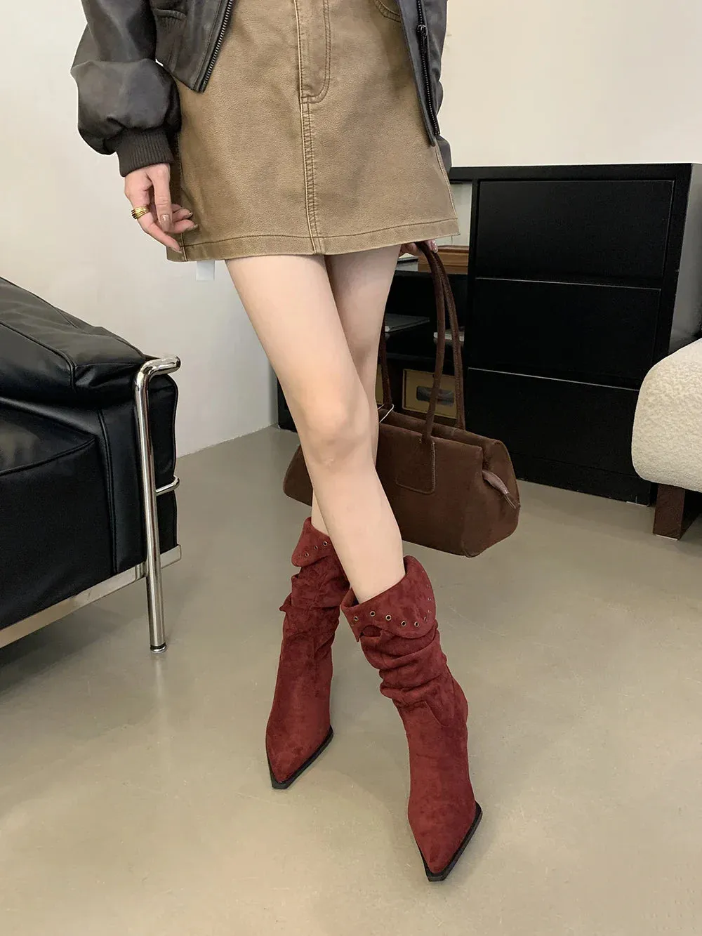 binfenxie  -  Flock Women Mid Calf Boots Pointed Toe Chelsea Bootie Thin High Heels Slip On 224 New Arrivals Party Pumps Shoes Woman Size 39