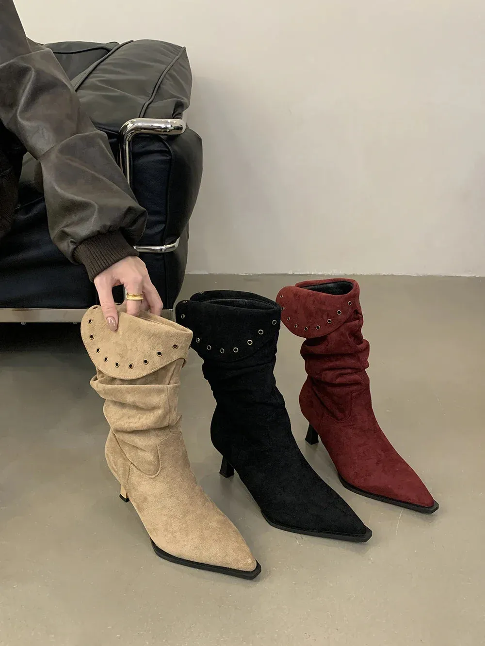 binfenxie  -  Flock Women Mid Calf Boots Pointed Toe Chelsea Bootie Thin High Heels Slip On 224 New Arrivals Party Pumps Shoes Woman Size 39