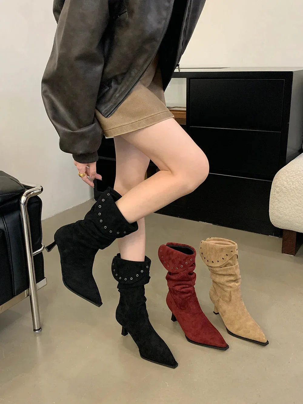 binfenxie  -  Flock Women Mid Calf Boots Pointed Toe Chelsea Bootie Thin High Heels Slip On 224 New Arrivals Party Pumps Shoes Woman Size 39