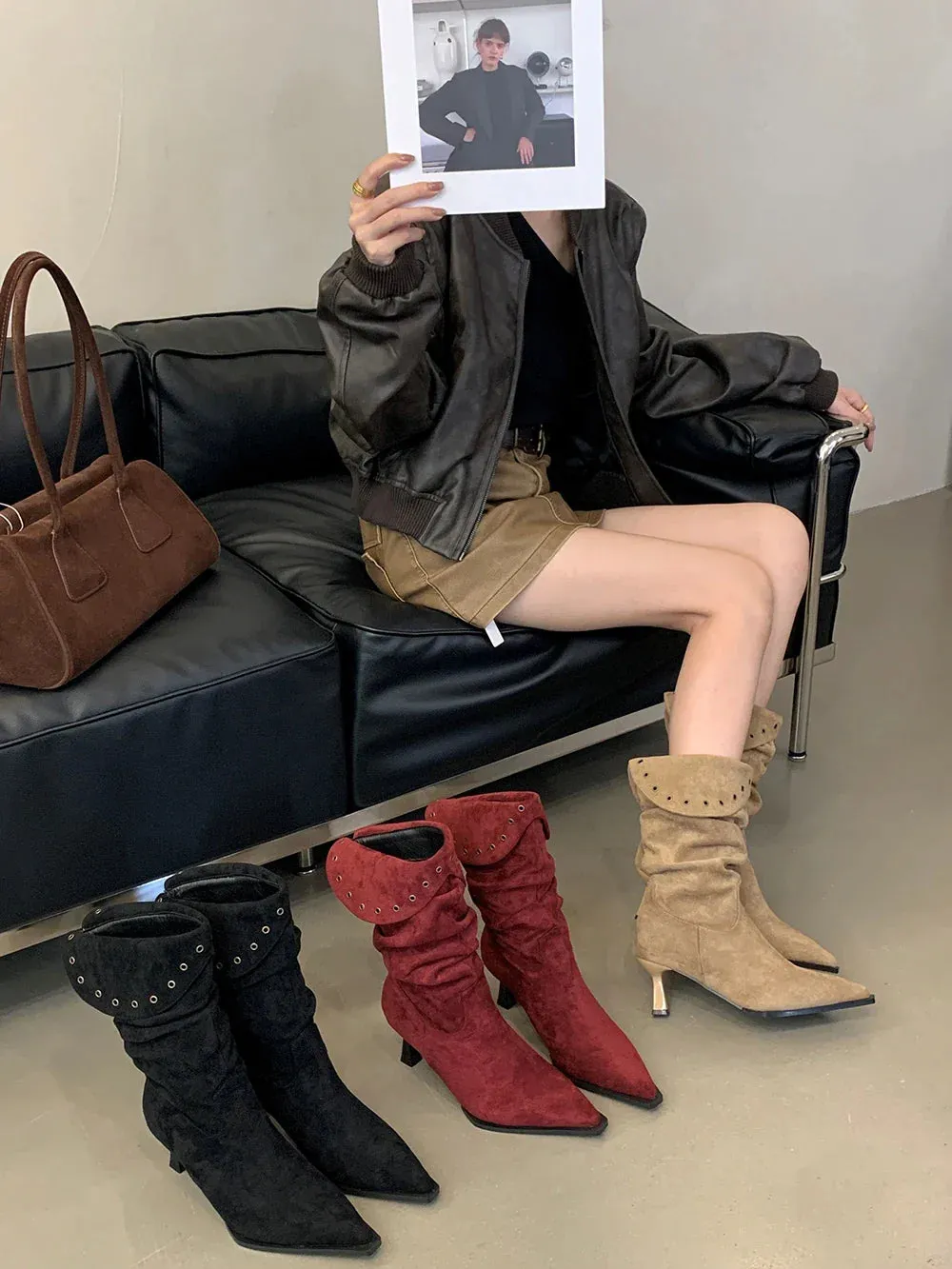 binfenxie  -  Flock Women Mid Calf Boots Pointed Toe Chelsea Bootie Thin High Heels Slip On 224 New Arrivals Party Pumps Shoes Woman Size 39