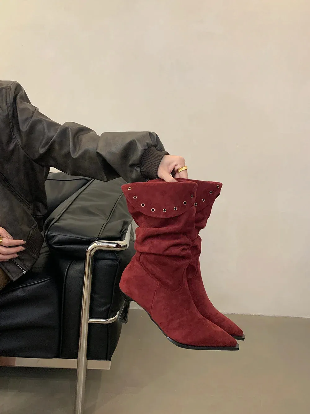 binfenxie  -  Flock Women Mid Calf Boots Pointed Toe Chelsea Bootie Thin High Heels Slip On 224 New Arrivals Party Pumps Shoes Woman Size 39