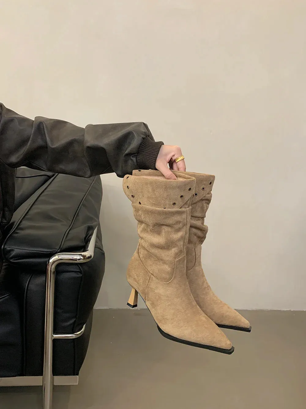 binfenxie  -  Flock Women Mid Calf Boots Pointed Toe Chelsea Bootie Thin High Heels Slip On 224 New Arrivals Party Pumps Shoes Woman Size 39