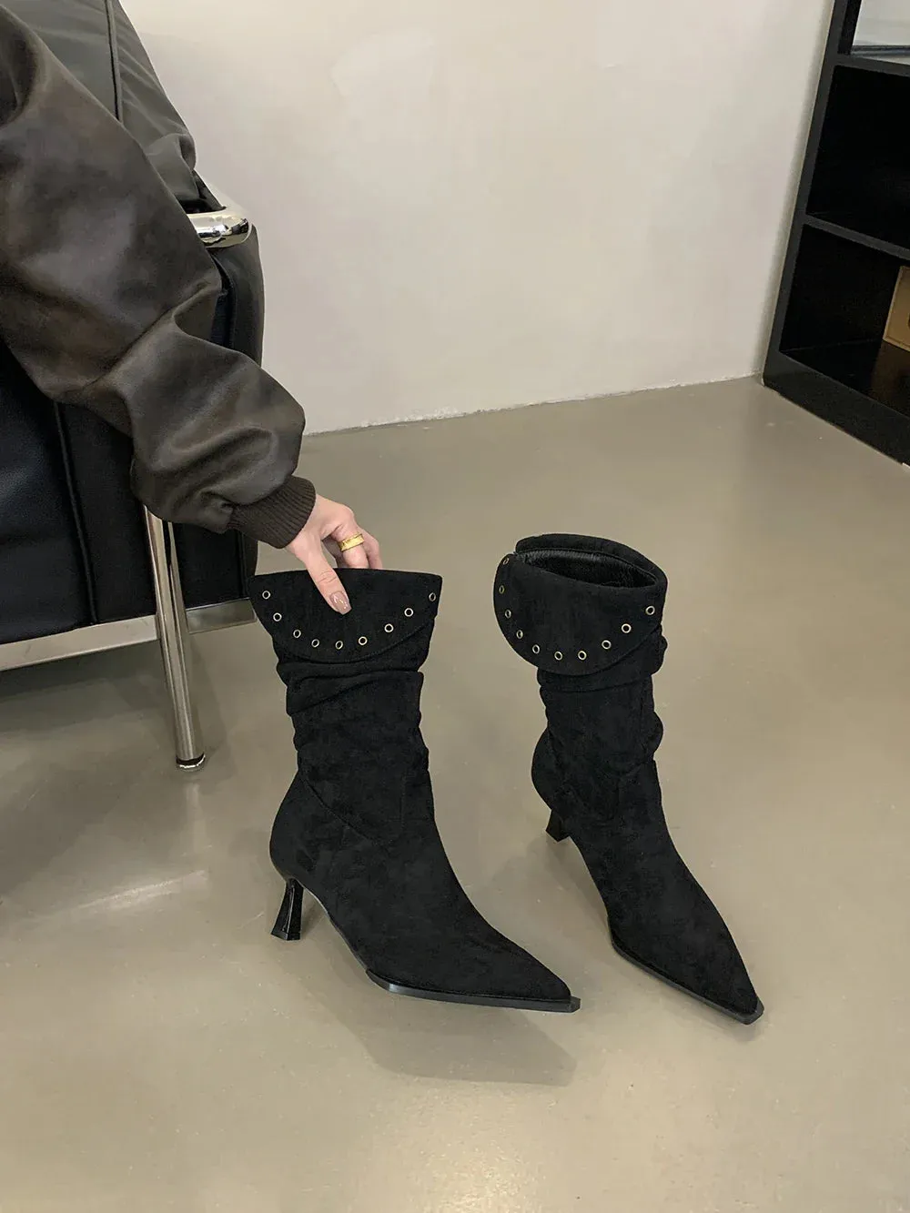 binfenxie  -  Flock Women Mid Calf Boots Pointed Toe Chelsea Bootie Thin High Heels Slip On 224 New Arrivals Party Pumps Shoes Woman Size 39