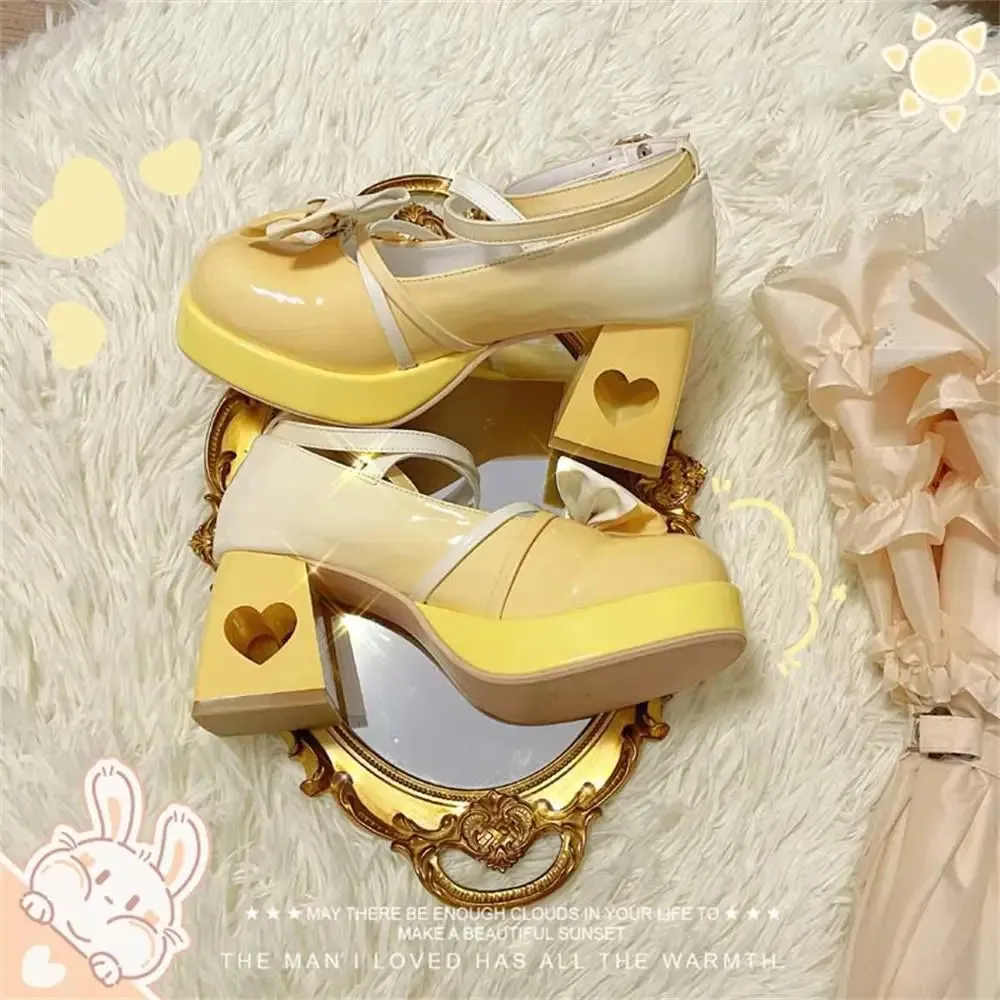 binfenxie  -  Heart-shaped High Heel Kawaii Lolita Gradient Color Pu Leather Lolita Sweet Girls Shoes Round Head Harajuku Tea Party Shoes