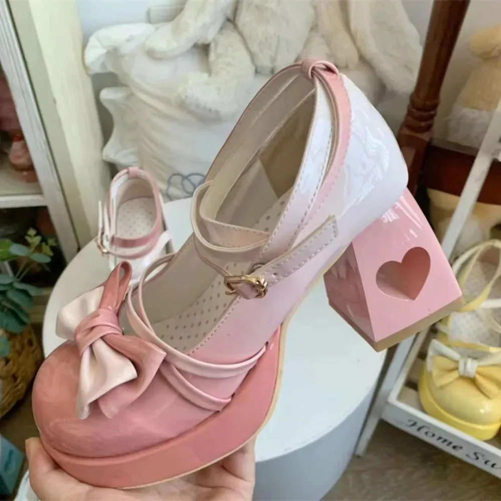 binfenxie  -  Heart-shaped High Heel Kawaii Lolita Gradient Color Pu Leather Lolita Sweet Girls Shoes Round Head Harajuku Tea Party Shoes