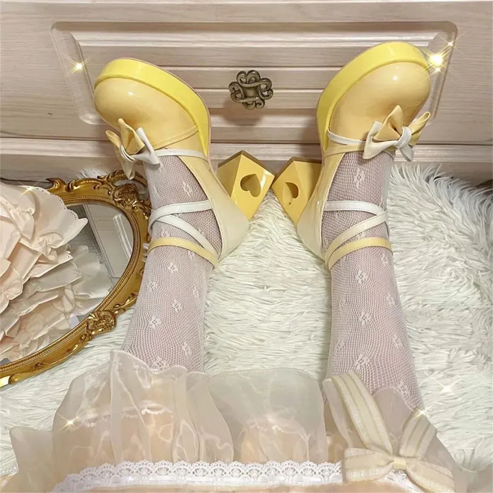 binfenxie  -  Heart-shaped High Heel Kawaii Lolita Gradient Color Pu Leather Lolita Sweet Girls Shoes Round Head Harajuku Tea Party Shoes