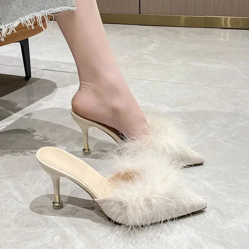 binfenxie  -  High Heels Slippers Women Pointed Toe Sexy Mules Shoes Summer 2024 Fur Party Sandals Pumps Fashion Female New Zapatos Slingback