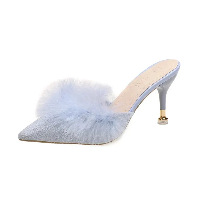 binfenxie  -  High Heels Slippers Women Pointed Toe Sexy Mules Shoes Summer 2024 Fur Party Sandals Pumps Fashion Female New Zapatos Slingback