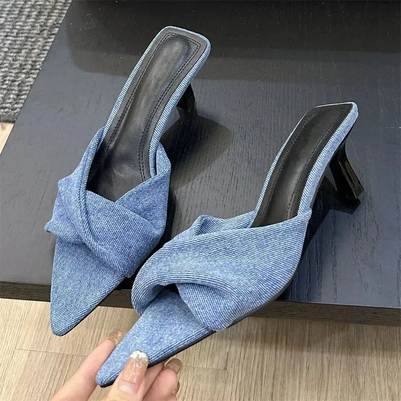 binfenxie  -  High Quality Pleated Pointed Toe Women Slippers 2024 Summer Thin Low Heels Banquet Party Slide Female Shoes