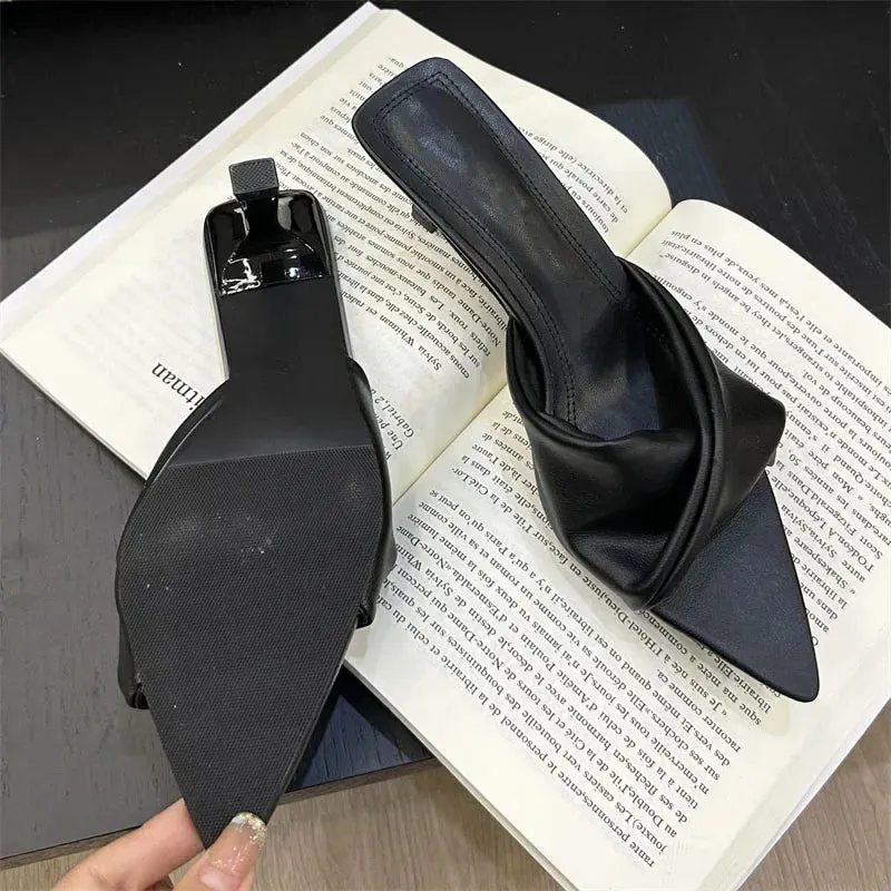 binfenxie  -  High Quality Pleated Pointed Toe Women Slippers 2024 Summer Thin Low Heels Banquet Party Slide Female Shoes