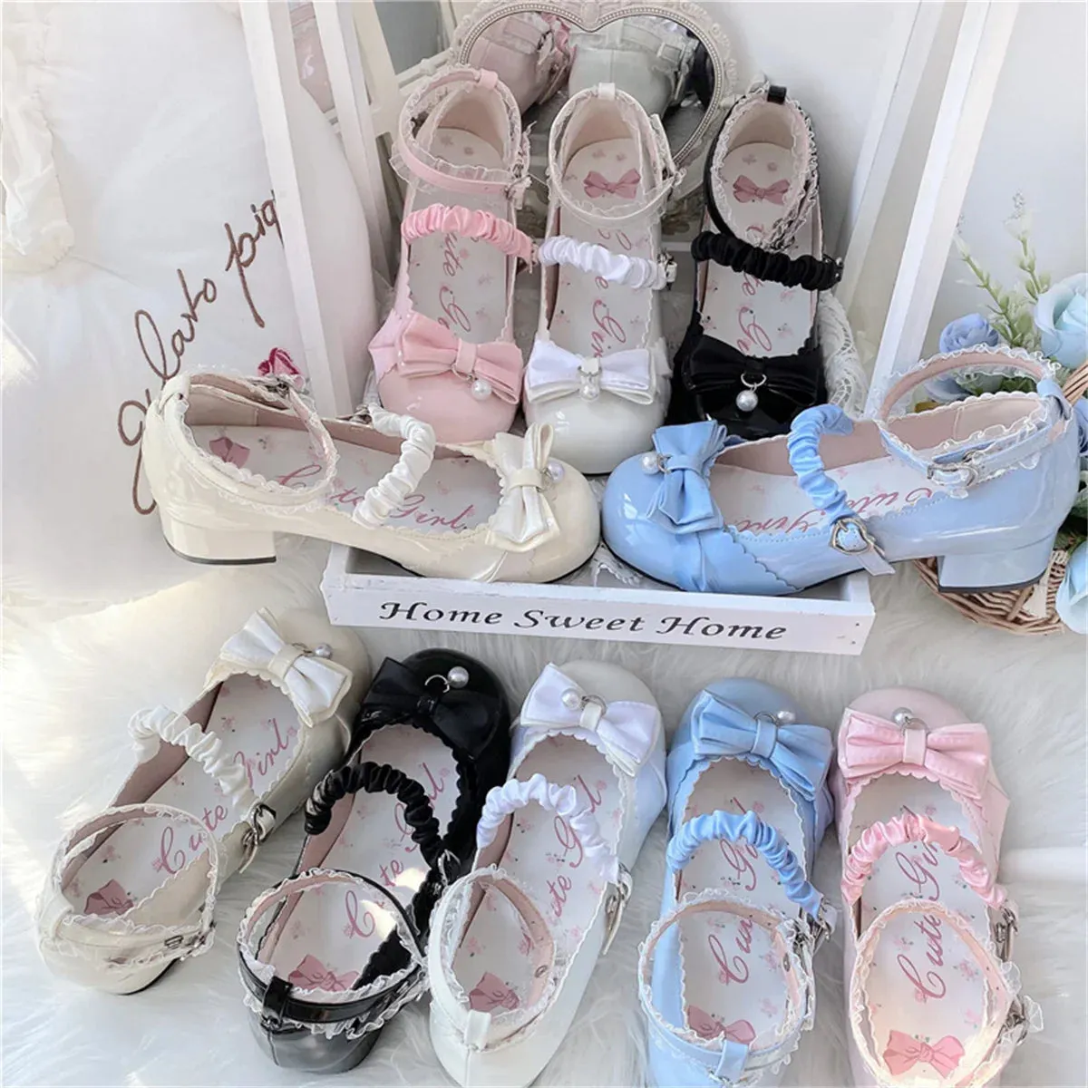 binfenxie  -  Japanese Style Lolita Cosplay Shoes Sweet Victorian Girl Elegant Tea Party Princess Round Head Bow Pearl Lace Middle Heel Shoes