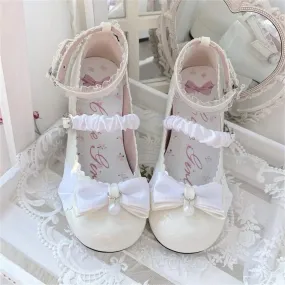 binfenxie  -  Japanese Style Lolita Cosplay Shoes Sweet Victorian Girl Elegant Tea Party Princess Round Head Bow Pearl Lace Middle Heel Shoes