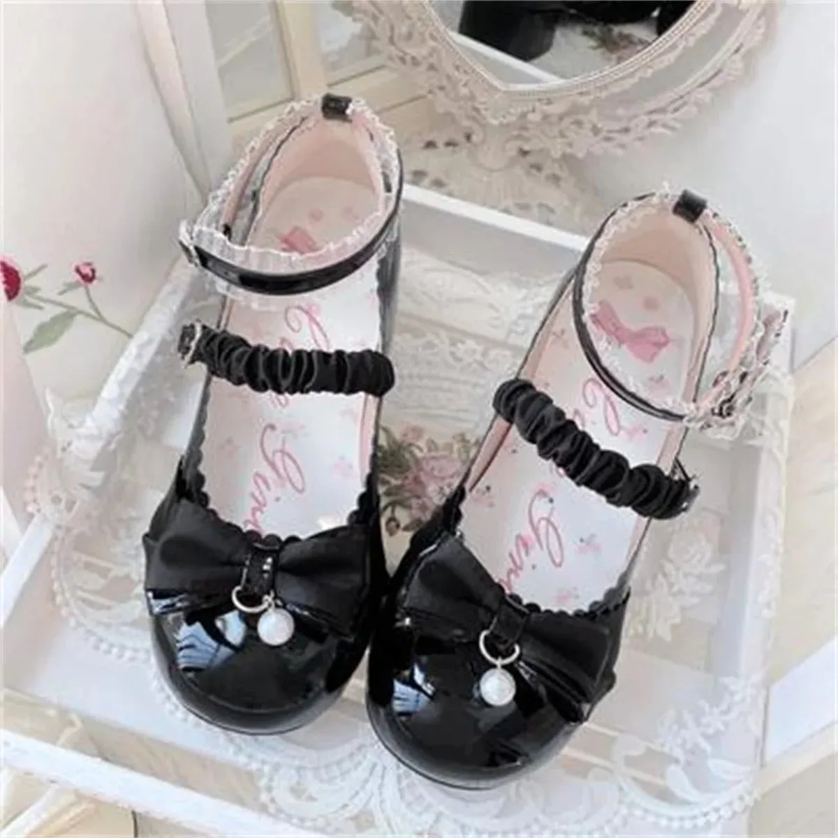binfenxie  -  Japanese Style Lolita Cosplay Shoes Sweet Victorian Girl Elegant Tea Party Princess Round Head Bow Pearl Lace Middle Heel Shoes