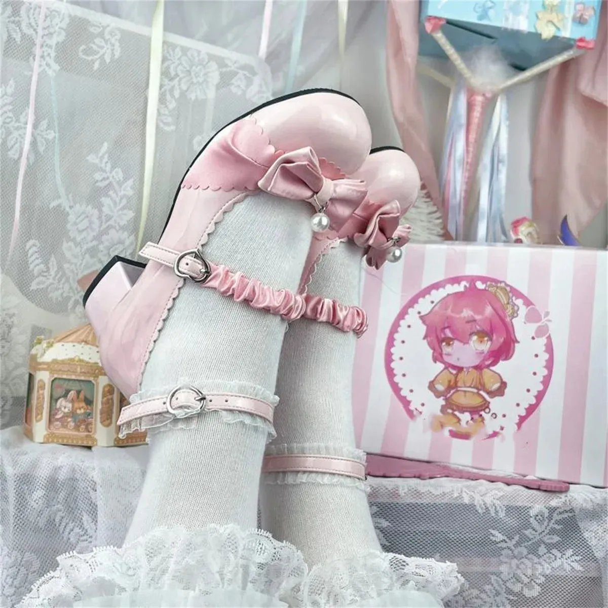 binfenxie  -  Japanese Style Lolita Cosplay Shoes Sweet Victorian Girl Elegant Tea Party Princess Round Head Bow Pearl Lace Middle Heel Shoes