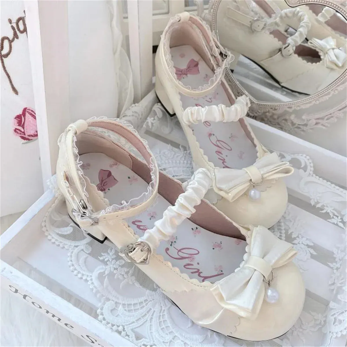 binfenxie  -  Japanese Style Lolita Cosplay Shoes Sweet Victorian Girl Elegant Tea Party Princess Round Head Bow Pearl Lace Middle Heel Shoes