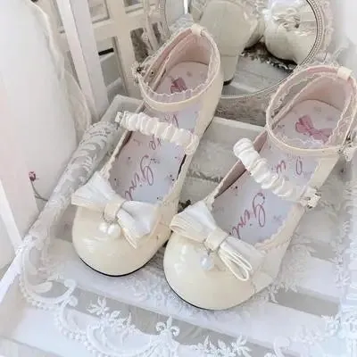 binfenxie  -  Japanese Style Lolita Cosplay Shoes Sweet Victorian Girl Elegant Tea Party Princess Round Head Bow Pearl Lace Middle Heel Shoes