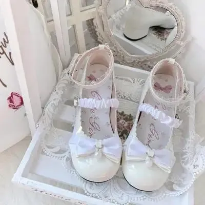 binfenxie  -  Japanese Style Lolita Cosplay Shoes Sweet Victorian Girl Elegant Tea Party Princess Round Head Bow Pearl Lace Middle Heel Shoes