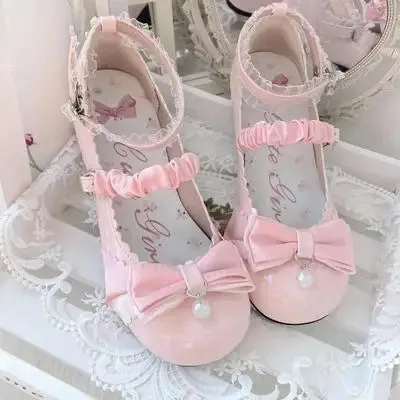 binfenxie  -  Japanese Style Lolita Cosplay Shoes Sweet Victorian Girl Elegant Tea Party Princess Round Head Bow Pearl Lace Middle Heel Shoes