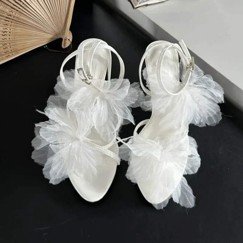 binfenxie  -  Lace Flower High Heels Women Luxury Designer Sandals Female Open Toe Thin Band Flowers Fashion Party Dress Shoes Pumps Woman