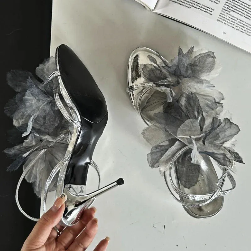binfenxie  -  Lace Flower High Heels Women Luxury Designer Sandals Female Open Toe Thin Band Flowers Fashion Party Dress Shoes Pumps Woman