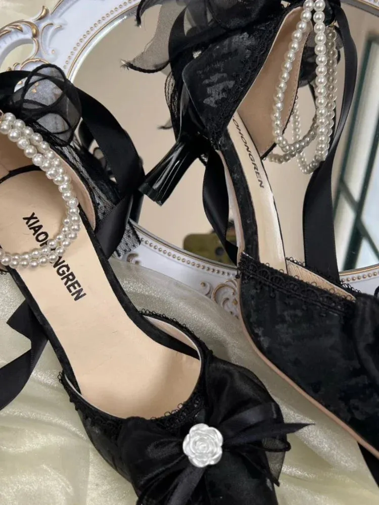 binfenxie  -  Lace Vintage Elegant High Heels Women Butterfly-knot Fairy Sweet Party Shoes Ladies Pearl String Retro French Pumps Women Summer