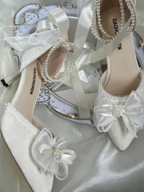 binfenxie  -  Lace Vintage Elegant High Heels Women Butterfly-knot Fairy Sweet Party Shoes Ladies Pearl String Retro French Pumps Women Summer