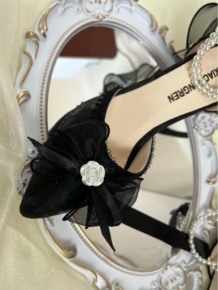 binfenxie  -  Lace Vintage Elegant High Heels Women Butterfly-knot Fairy Sweet Party Shoes Ladies Pearl String Retro French Pumps Women Summer