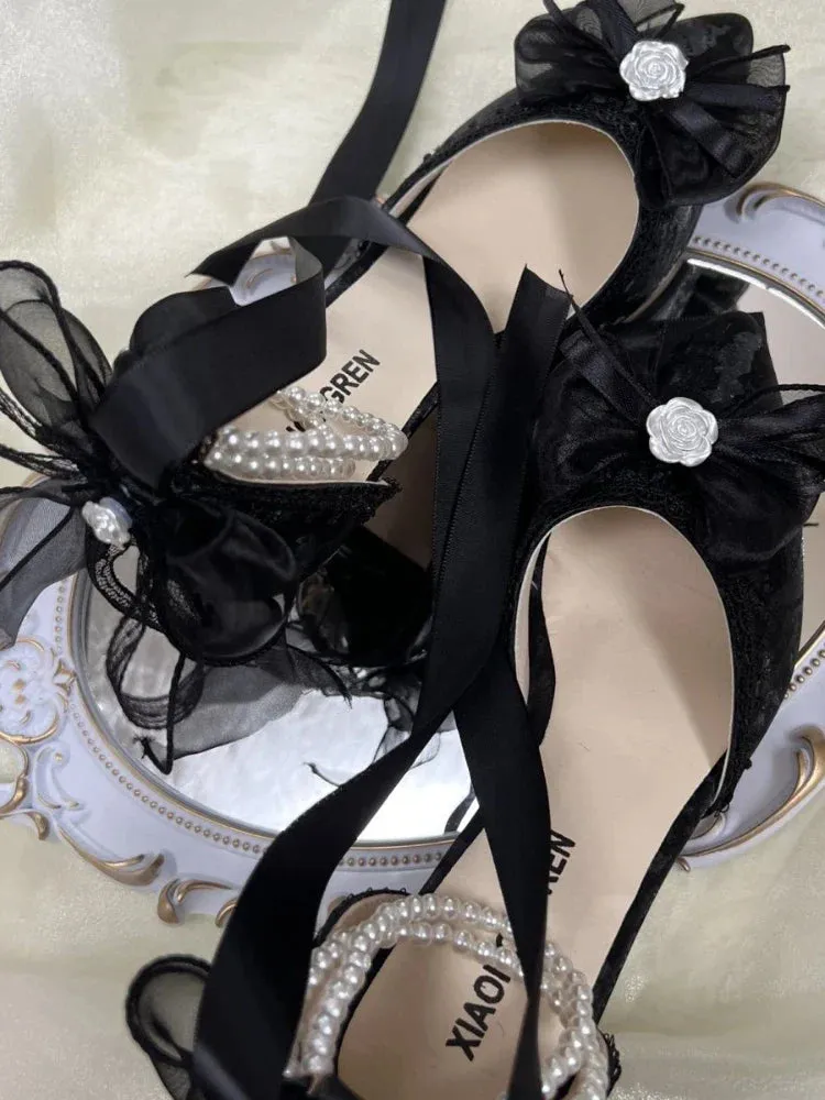 binfenxie  -  Lace Vintage Elegant High Heels Women Butterfly-knot Fairy Sweet Party Shoes Ladies Pearl String Retro French Pumps Women Summer