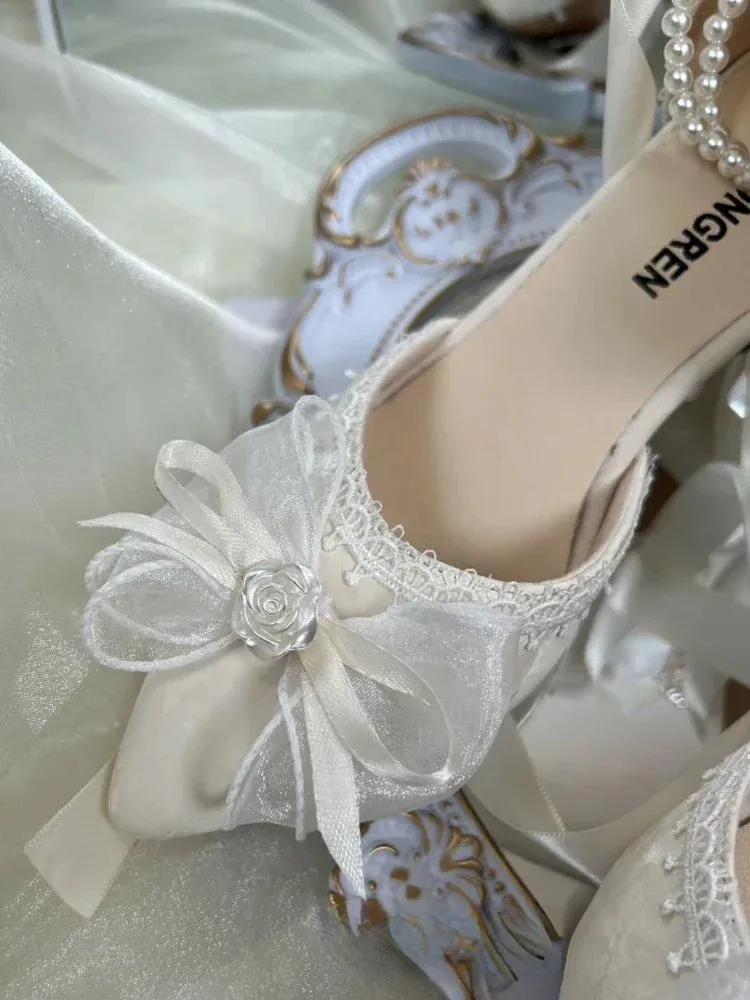 binfenxie  -  Lace Vintage Elegant High Heels Women Butterfly-knot Fairy Sweet Party Shoes Ladies Pearl String Retro French Pumps Women Summer