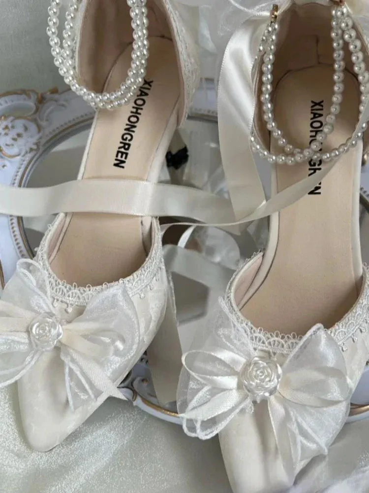 binfenxie  -  Lace Vintage Elegant High Heels Women Butterfly-knot Fairy Sweet Party Shoes Ladies Pearl String Retro French Pumps Women Summer