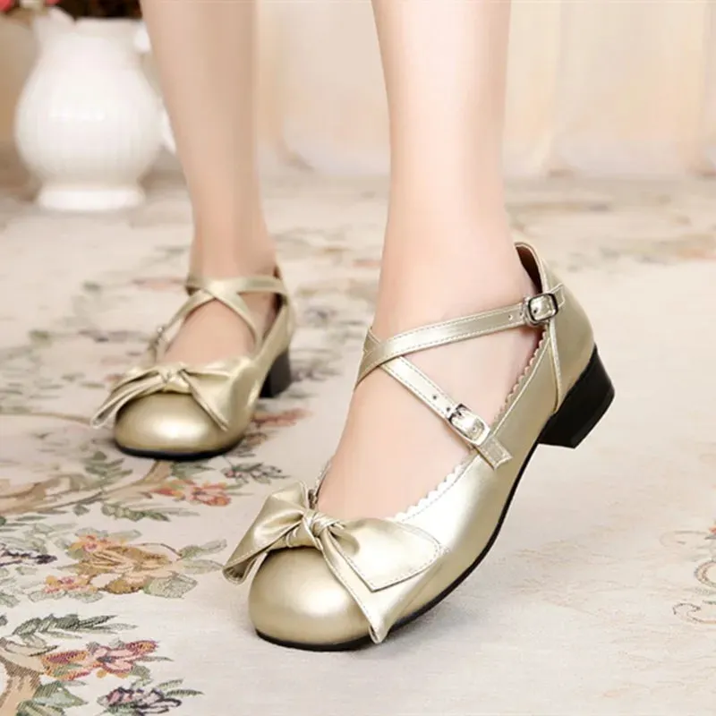 binfenxie  - Lolita Classic Shoes Big Bow Low Heel 2cm Cross Buckle Student Simple Tea Party Goth Female Summer Loli Lady Cosplay Anime Shoe